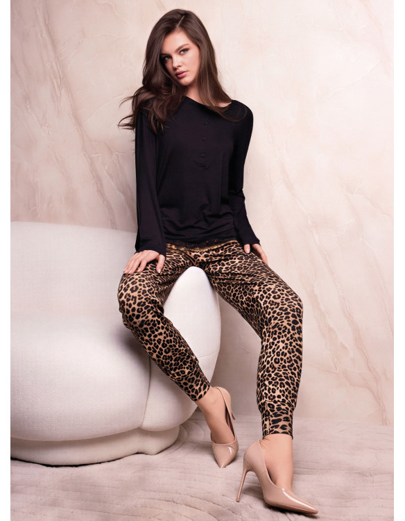 Lormar SEDUCTION women’s grandad pyjamas with a plain long-sleeved lace-trim top and animal-print cuffed trousers