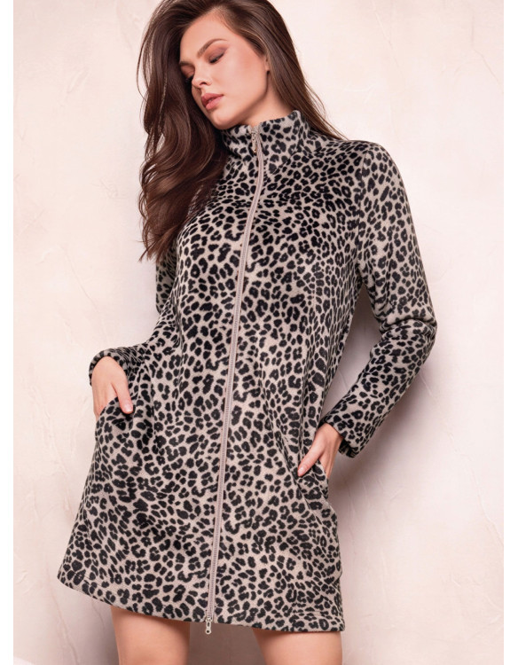Lormar SEDUCTION women’s full-zip animal-print robe in supersoft coral fleece with high collar and side pockets