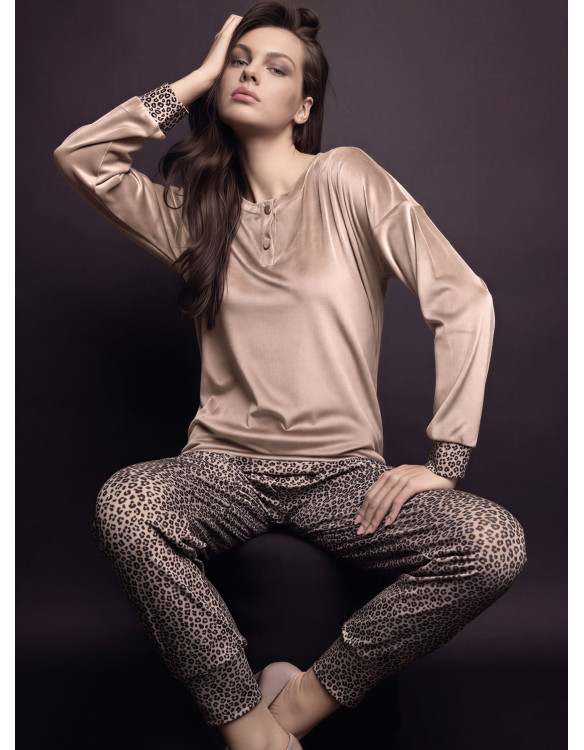Pigiama serafino donna FANCY Lormar in soft velour con maglia unita e pantalone animalier con polsi