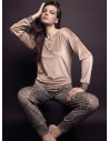 Lormar FANCY women’s grandad pyjamas in soft velour with plain top and animal-print cuffed pants