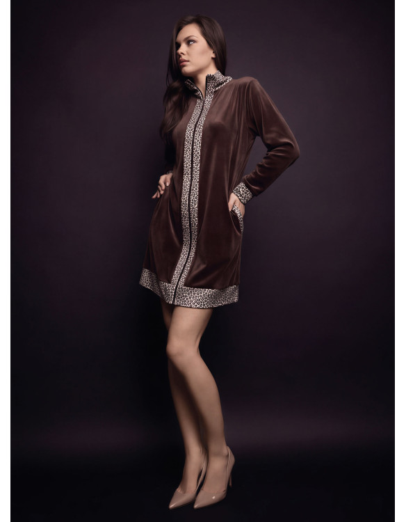 Lormar FANCY women’s full zip night gown in soft velour with animal-print details