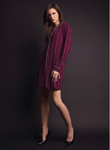Camicia da notte aperta donna MINUIT Lormar in viscosa pesante gessata con collo a rever, maniche lunghe e piping a contrasto 2