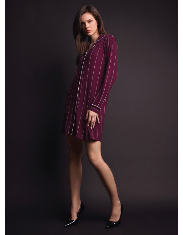 Camicia da notte aperta donna MINUIT Lormar in viscosa pesante gessata con collo a rever, maniche lunghe e piping a contrasto
