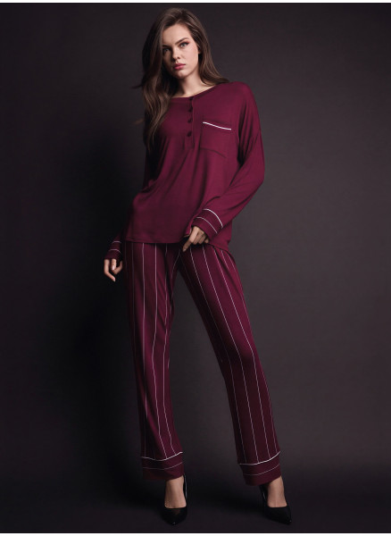 Pigiama serafino donna MINUIT Lormar con maglia unita a maniche lunghe, taschino e pantalone lungo in fantasia gessata