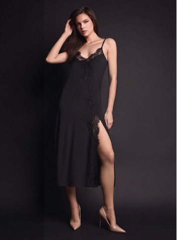 Lormar PLAISIR women’s long nightdress in heavyweight viscose, enhanced by refined contrast lace 2