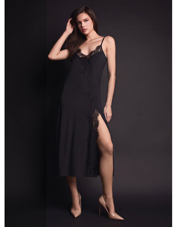 Camicia da notte lunga donna PLAISIR Lormar in viscosa pesante con raffinato pizzo a contrasto