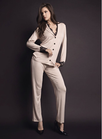 Pigiama aperto donna PLAISIR Lormar viscosa pesante, maniche lunghe smoking, pizzo e bottoni bijoux e pantalone lungo unito