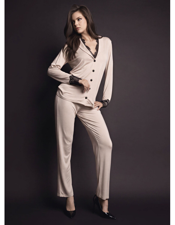 Pigiama aperto donna PLAISIR Lormar viscosa pesante, maniche lunghe smoking, pizzo e bottoni bijoux e pantalone lungo unito