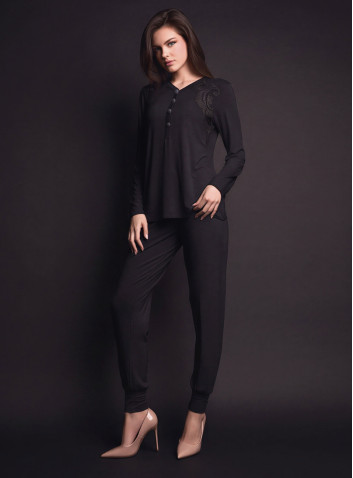 Lormar PLAISIR women’s heavyweight viscose grandad pyjamas with contrast lace, bijoux buttons and plain long pants 2