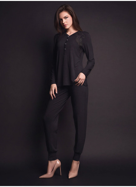 Pigiama serafino donna PLAISIR Lormar in viscosa pesante con pizzo a contrasto, bottoni bijoux e pantalone lungo
