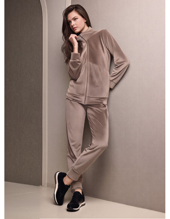 Lormar TIME women’s ribbed soft velour full zip suit with long sleeve homewear jacket and matching long pants with cuffs