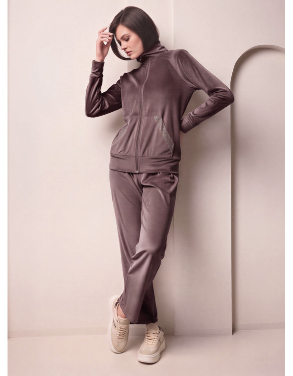 Lormar SHINY women’s soft velour full zip suit with long sleeve homewear jacket and matching long pants