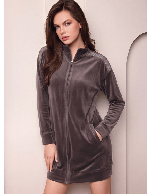Vestaglia full zip donna SHINY Lormar in soft velour con collo alto, tasche laterali e strass ton sur ton
