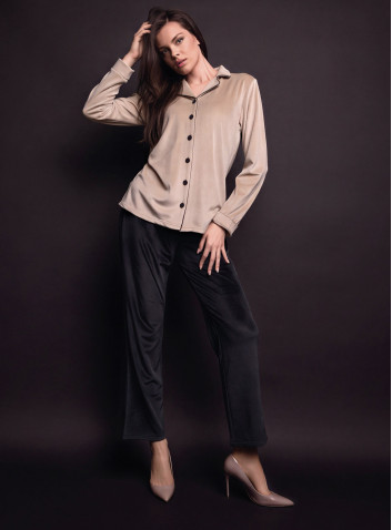 Lormar GOOD women’s soft velour button-up pyjamas with contrasting piping and buttons and matching long pants 2
