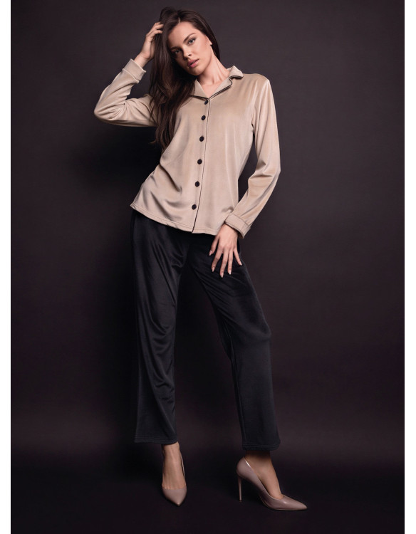 Lormar GOOD women’s soft velour button-up pyjamas with contrasting piping and buttons and matching long pants
