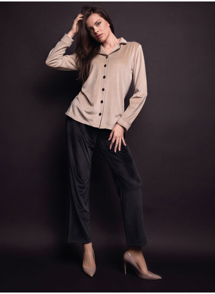 Lormar GOOD women’s soft velour button-up pyjamas with contrasting piping and buttons and matching long pants