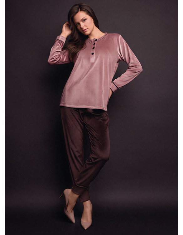 Pigiama serafino donna GOOD Lormar soft velour, maglia a maniche lunghe con piping e bottoni a contrasto e pantalone lungo polsi