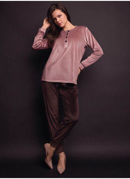 Lormar GOOD women’s soft velour grandad pyjamas with contrasting piping and buttons and matching long pants with cuffs