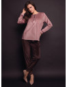 Lormar GOOD women’s soft velour grandad pyjamas with contrasting piping and buttons and matching long pants with cuffs