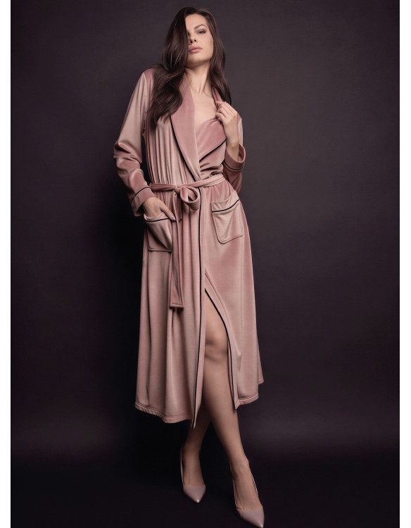 Lormar GOOD women’s long sleeve soft velour night gown with belt, shawl collar, patch pockets and contrasting piping