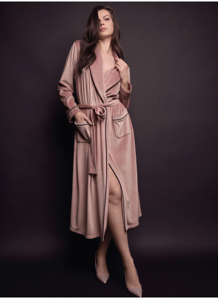 Lormar GOOD women’s long sleeve soft velour night gown with belt, shawl collar, patch pockets and contrasting piping