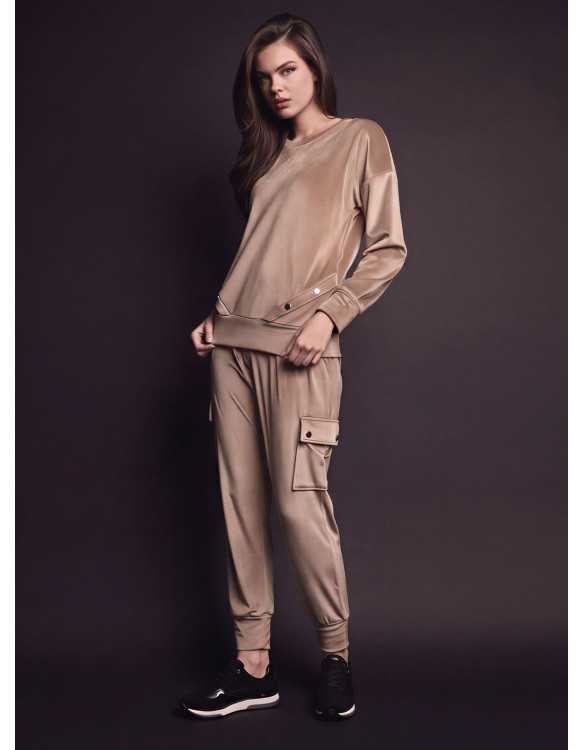 Lormar LEISURE women’s long sleeve round neck jacket and long pants in soft velour with cargo pockets and metal buttons