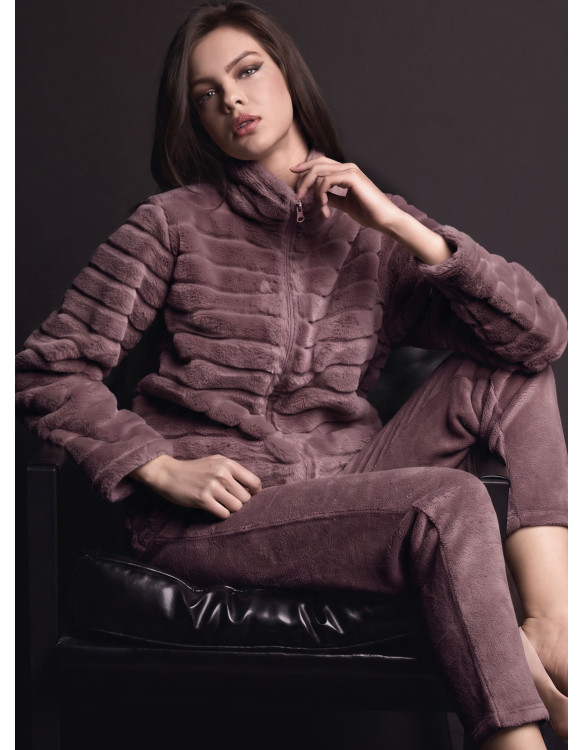 Tuta full zip donna VISONE Lormar in coral supersoft pelliccia doppia frontura con giacca a collo alto e pantalone lungo