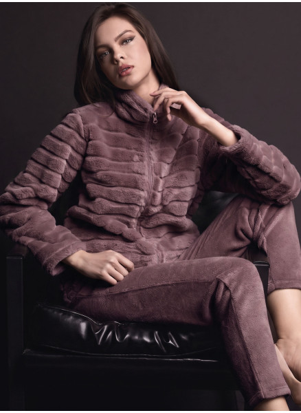 Tuta full zip donna VISONE Lormar in coral supersoft pelliccia doppia frontura con giacca a collo alto e pantalone lungo
