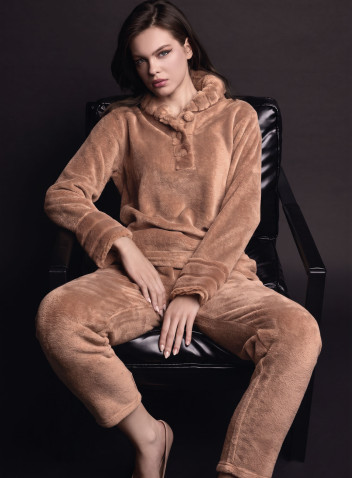 Lormar VISONE women’s long sleeve grandad pyjamas in double-fronted fur supersoft coral fleec, fur-effect cuffs 2