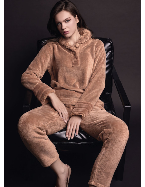 Lormar VISONE women’s long sleeve grandad pyjamas in double-fronted fur supersoft coral fleec, fur-effect cuffs
