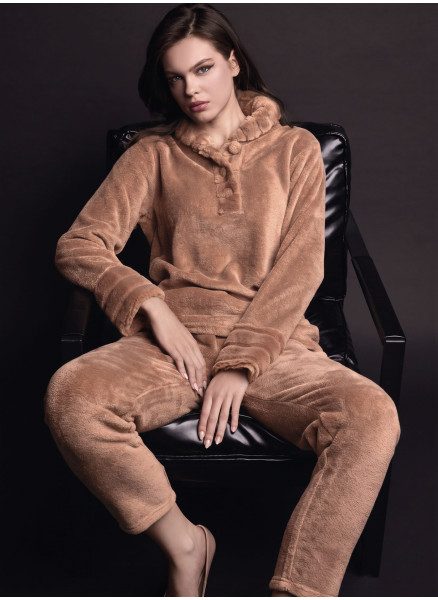 Lormar VISONE women’s long sleeve grandad pyjamas in double-fronted fur supersoft coral fleec, fur-effect cuffs