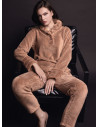 Lormar VISONE women’s long sleeve grandad pyjamas in double-fronted fur supersoft coral fleec, fur-effect cuffs