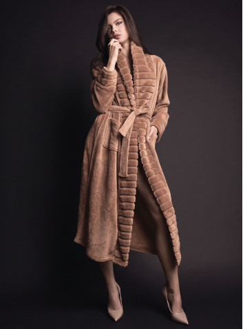 Lormar VISONE women’s long sleeve night gown with belt in fur supersoft coral fleece, side pockets and fur-effect cuffs 2