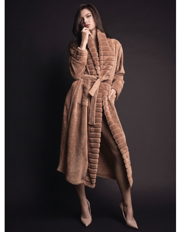 Lormar VISONE women’s long sleeve night gown with belt in fur supersoft coral fleece, side pockets and fur-effect cuffs