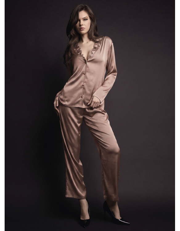 Pigiama aperto donna COUTURE Lormar in raso setificato con ricamo setificato sullo scollo e pantalone lungo coordinato