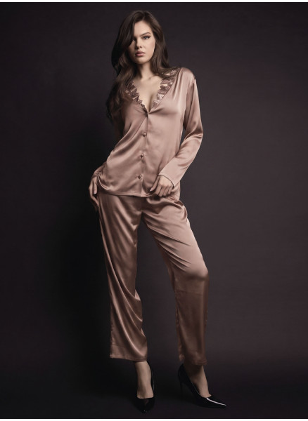 Pigiama aperto donna COUTURE Lormar in raso setificato con ricamo setificato sullo scollo e pantalone lungo coordinato