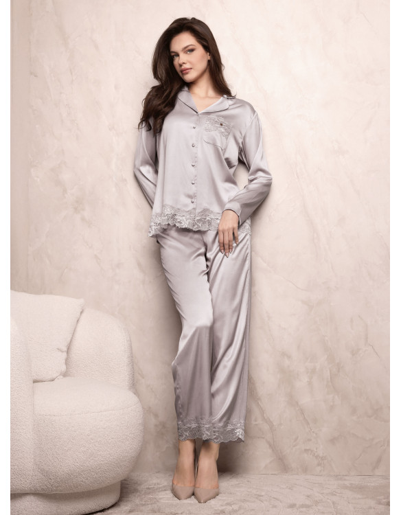 Lormar SATÈN women’s silky satin button-up pyjamas with a long-sleeved lace-trimmed top and matching long pants