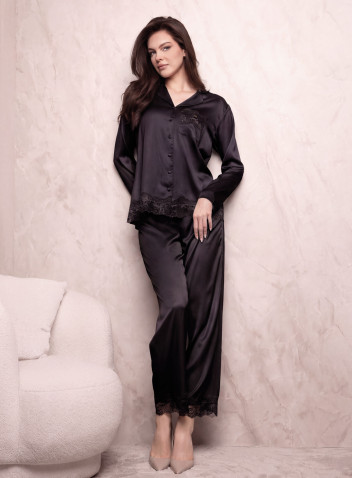 Lormar SATÈN women’s silky satin button-up pyjamas with a long-sleeved lace-trimmed top and matching long pants 2