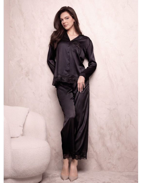 Pigiama aperto donna SATÈN Lormar in raso setificato con maniche lunghe, pizzo frastaglio e pantalone lungo coordinato