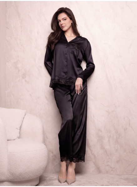 Pigiama aperto donna SATÈN Lormar in raso setificato con maniche lunghe, pizzo frastaglio e pantalone lungo coordinato