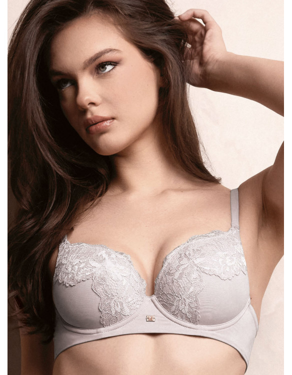 Reggiseno balconcino Plunge soft touch SATÈN Lormar con scollatura profonda, pizzo frastaglio e accessorio color oro rosa